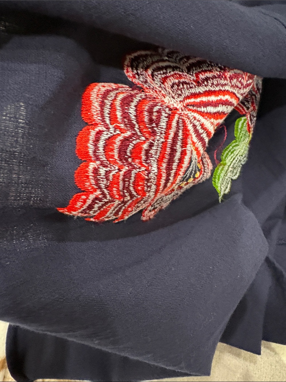 Navy bright red green Floral Embroidered Shift Dress cap sleeve zip back L / XL - Picture 8 of 9